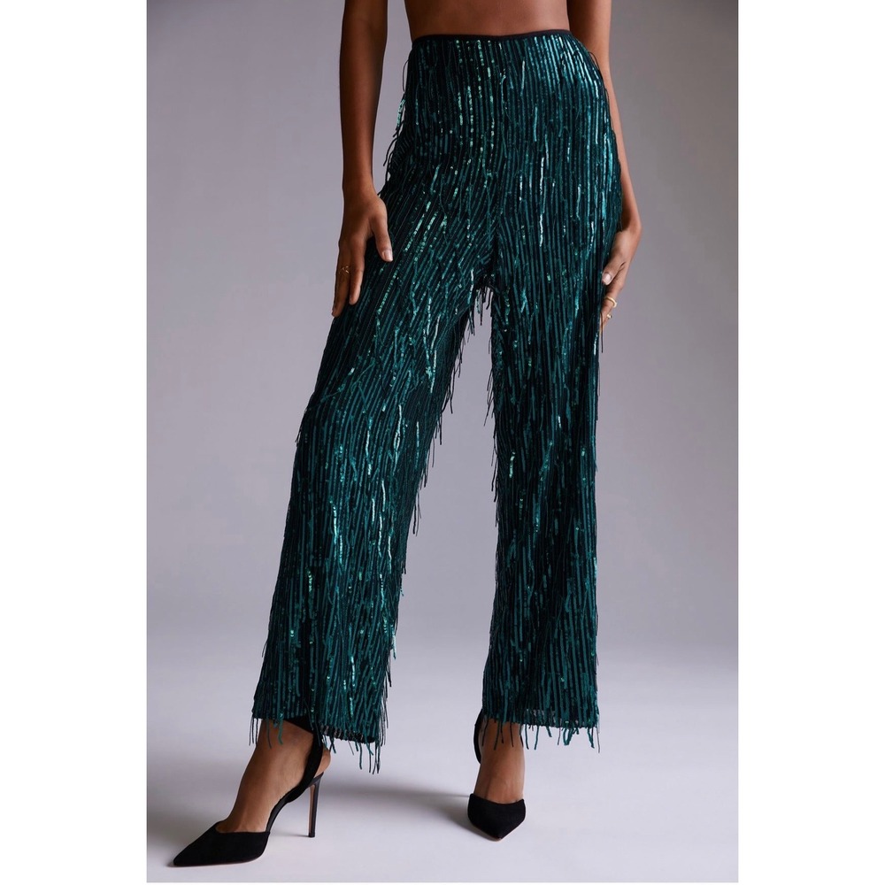 Anthropologie Maeve Fringed Sequined Wide-Leg Pants in Dark Turquoise Size 6